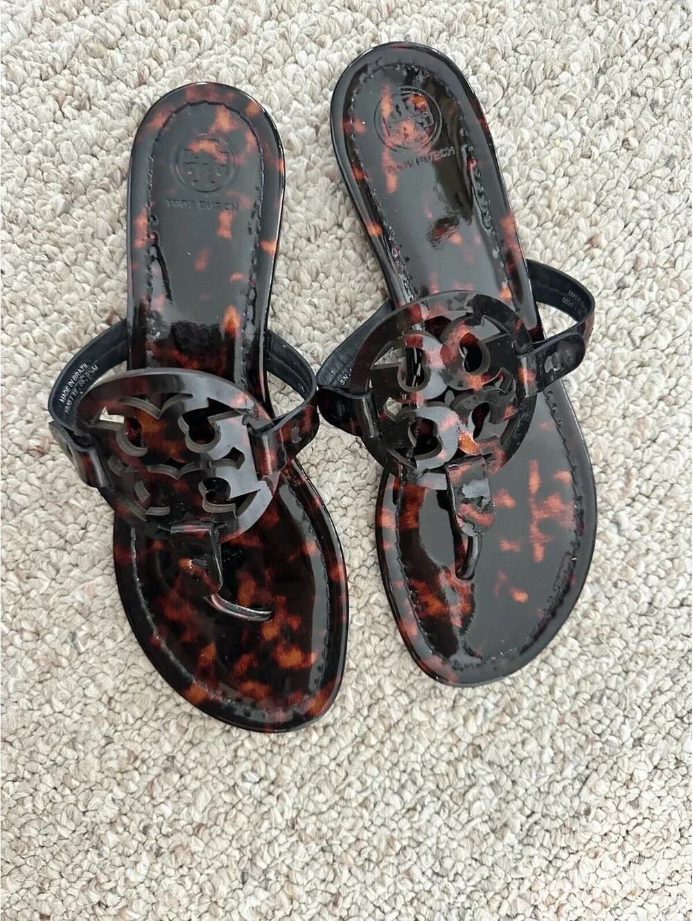 Tory Burch Tortoise Shell  Patent Leather Slip-on Sandals Sz 9 1/2 M